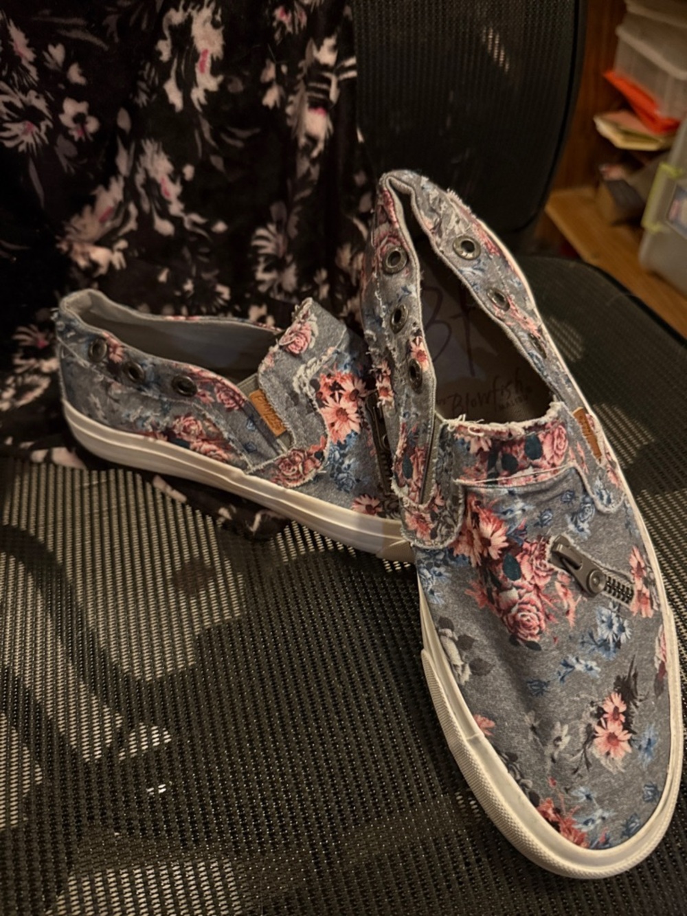 Blowfish Floral Denim Slip-On Sneakers in Blue and Pink